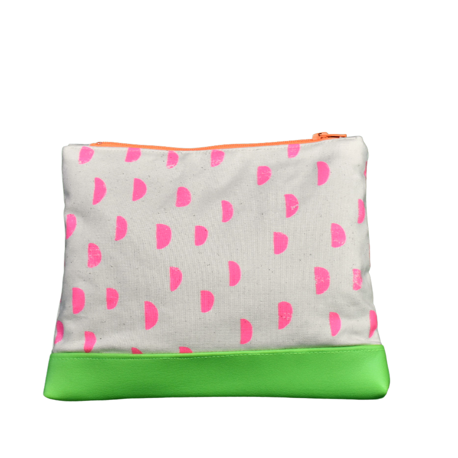 Neon Pouch with Pink Half Moons and Green Contrast
