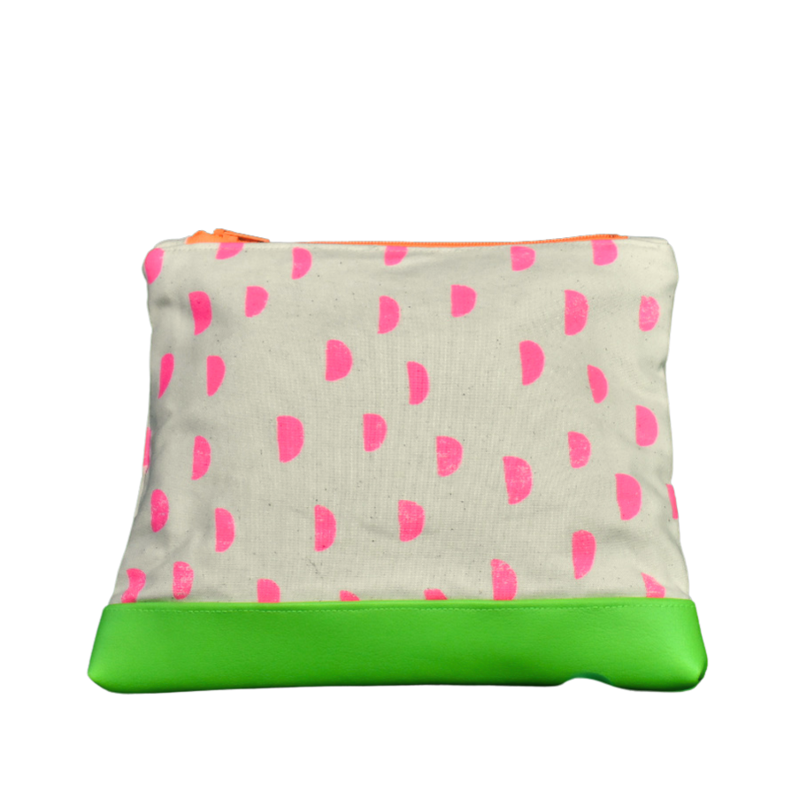 Neon Pouch with Pink Half Moons and Green Contrast